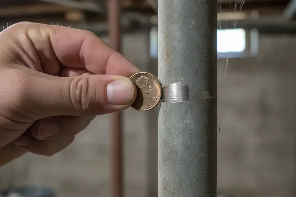 Coin being scratched against an old grey water pipe to check whether it is lead