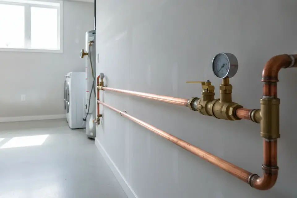 New copper main water line and shut-off valve installed in a finished Toronto basement