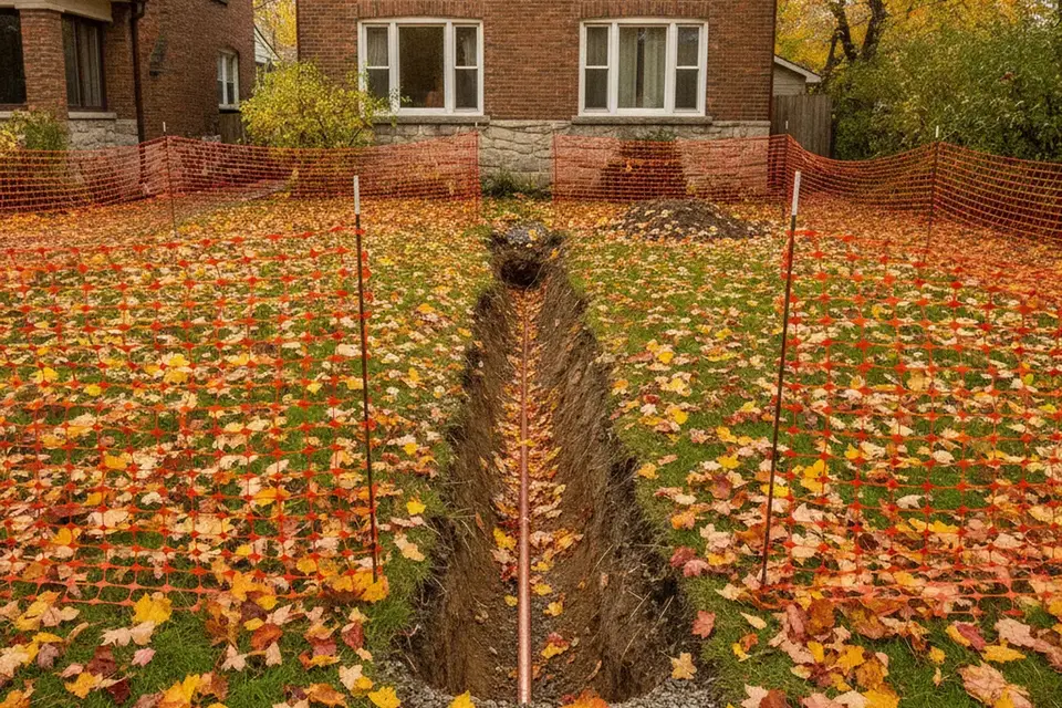 Excavated trench in a Toronto front yard with a new copper water service line running toward the house