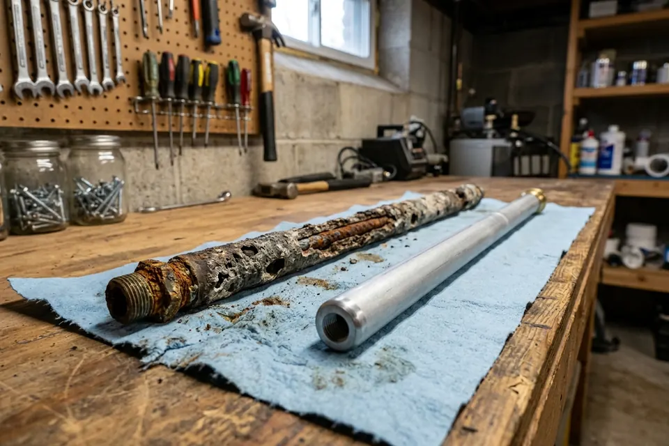 Corroded magnesium anode rod removed from a water heater next to a new rod