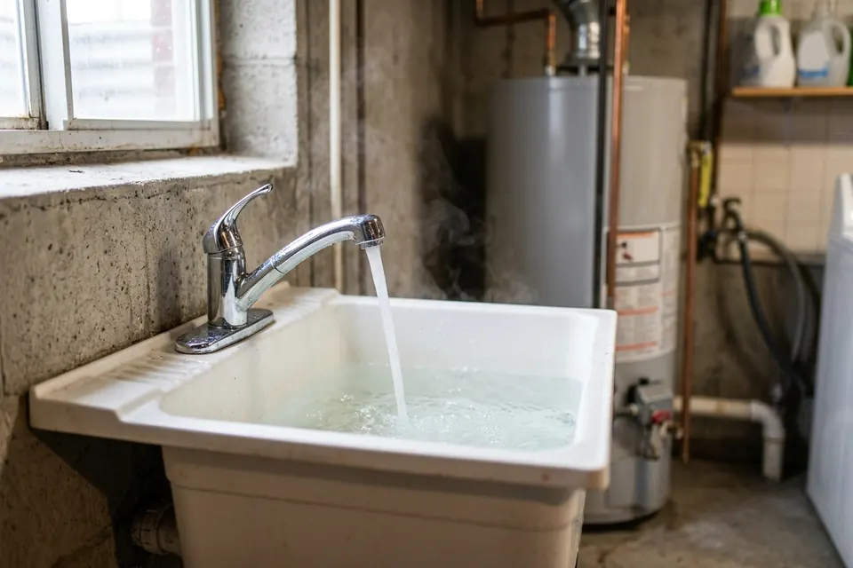 Hot water running from a faucet into a basement laundry sink