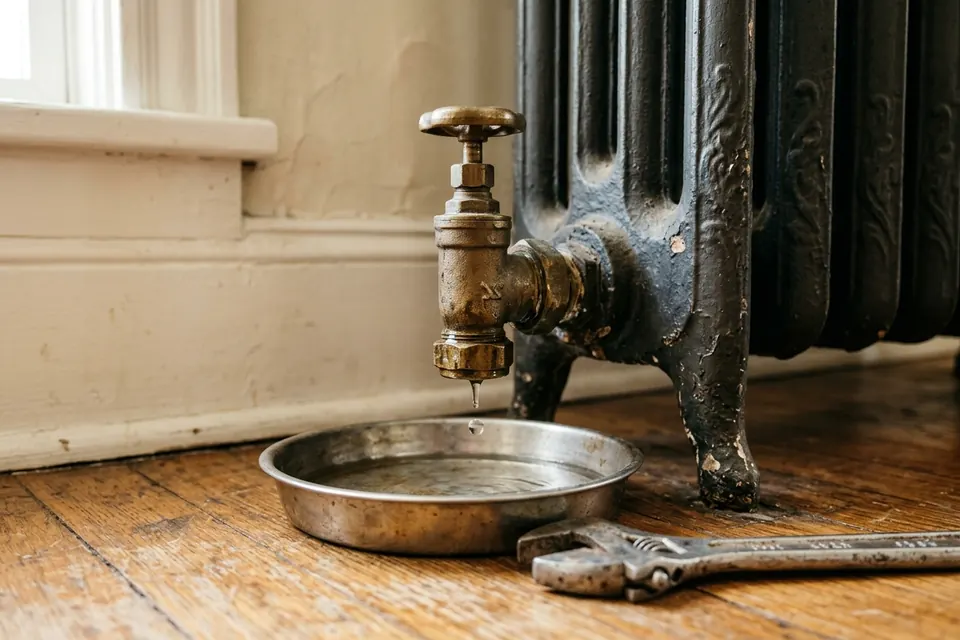 Brass radiator valve and union dripping into a pan at the base of a cast iron radiator