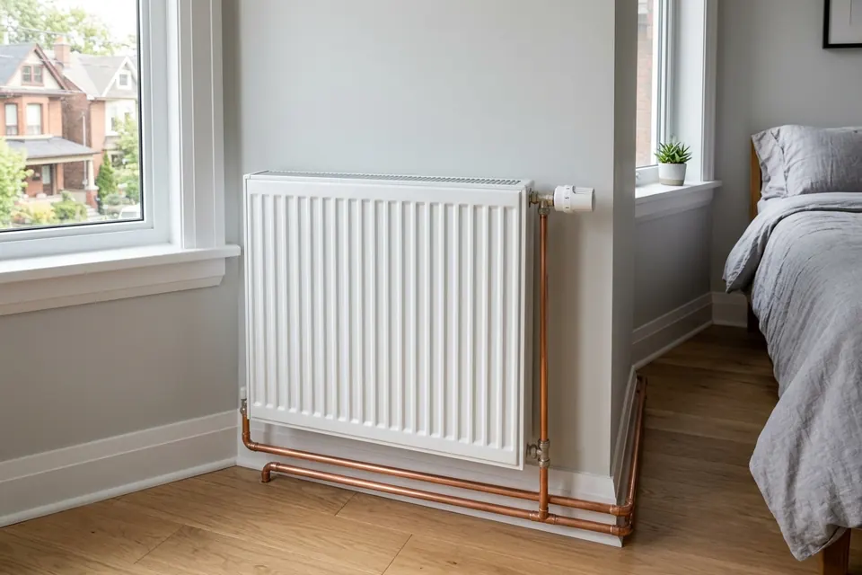 New white panel radiator with a thermostatic valve in a renovated bedroom