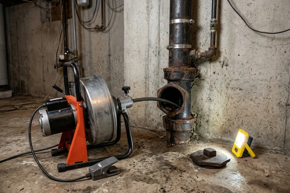 Drain snake machine beside an open main sewer cleanout in a basement