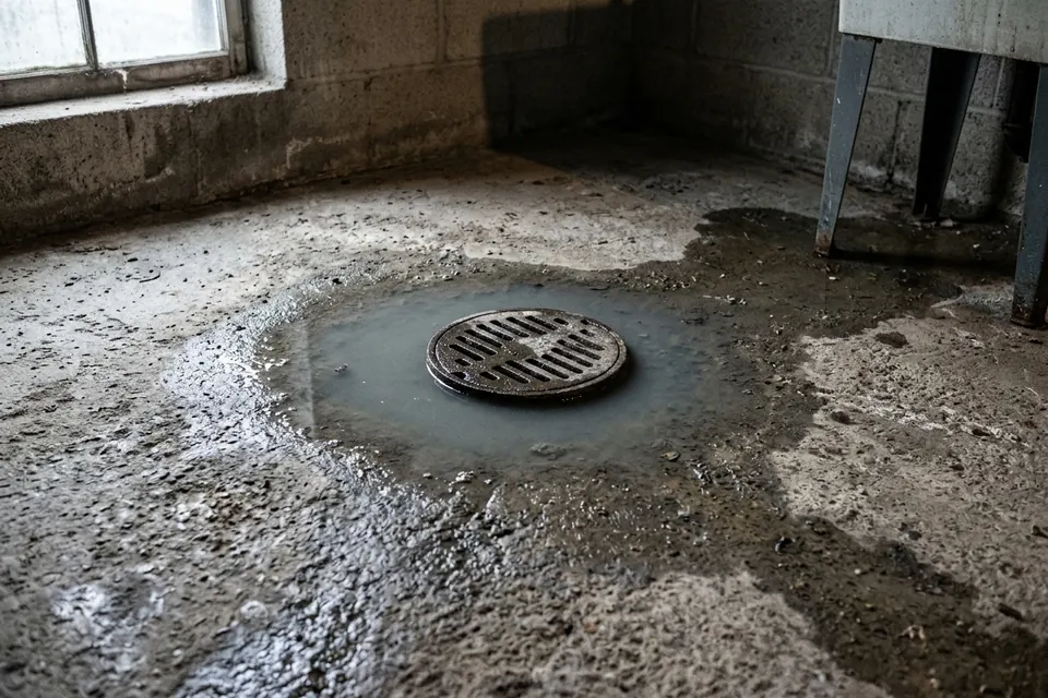 Basement floor drain with grey water backed up around it