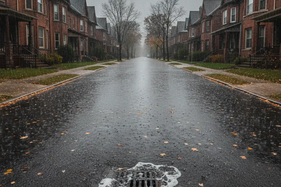 Heavy rain on a Toronto residential street with water pooling at a storm drain