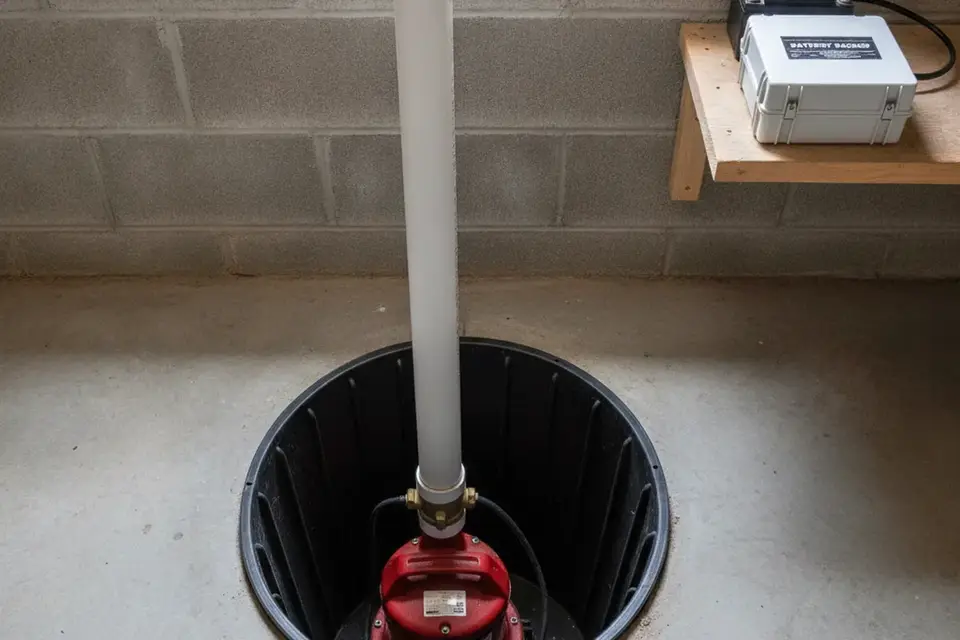 Sump pit in a basement floor with a submersible sump pump, discharge pipe and battery backup unit