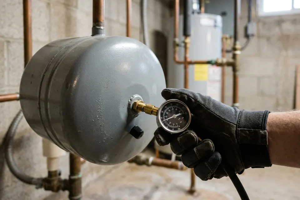 Tire pressure gauge on the air valve of a water heater expansion tank