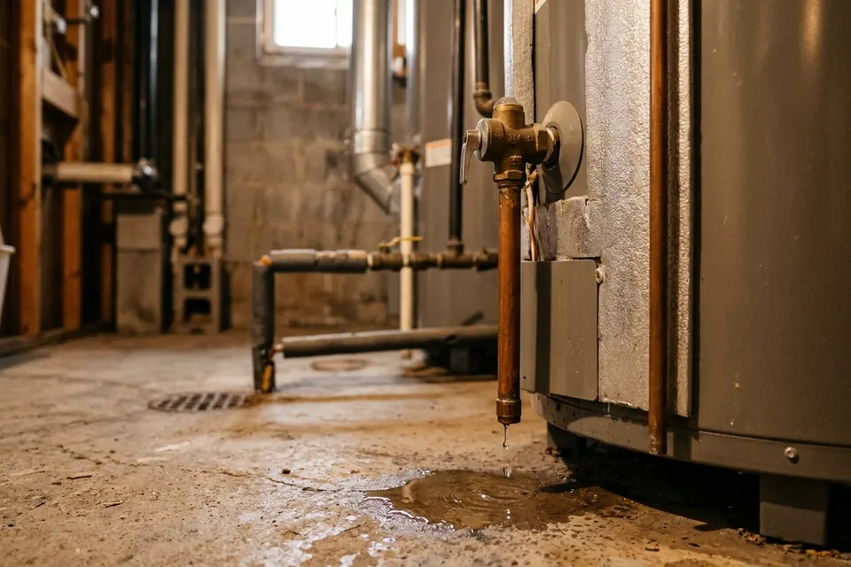 Water heater temperature and pressure relief valve with a drip at the end of its discharge pipe