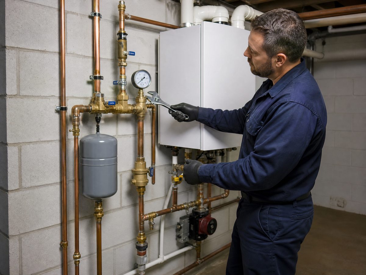 Licensed Toronto plumber inspecting boiler feed valve, relief valve and expansion tank on a hot water heating system