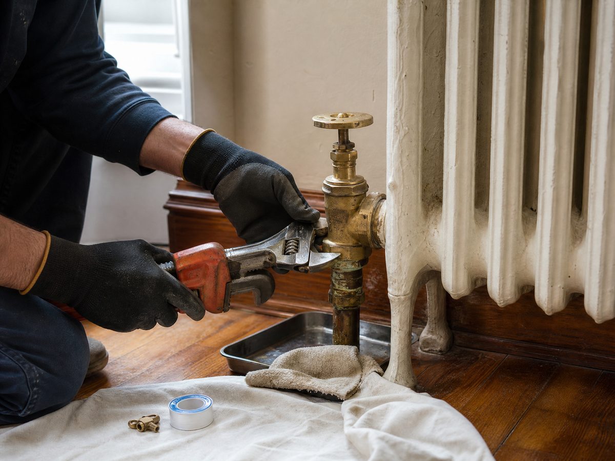 Toronto plumber repairing a leaking brass valve at the base of a cast iron hot water radiator in an older home